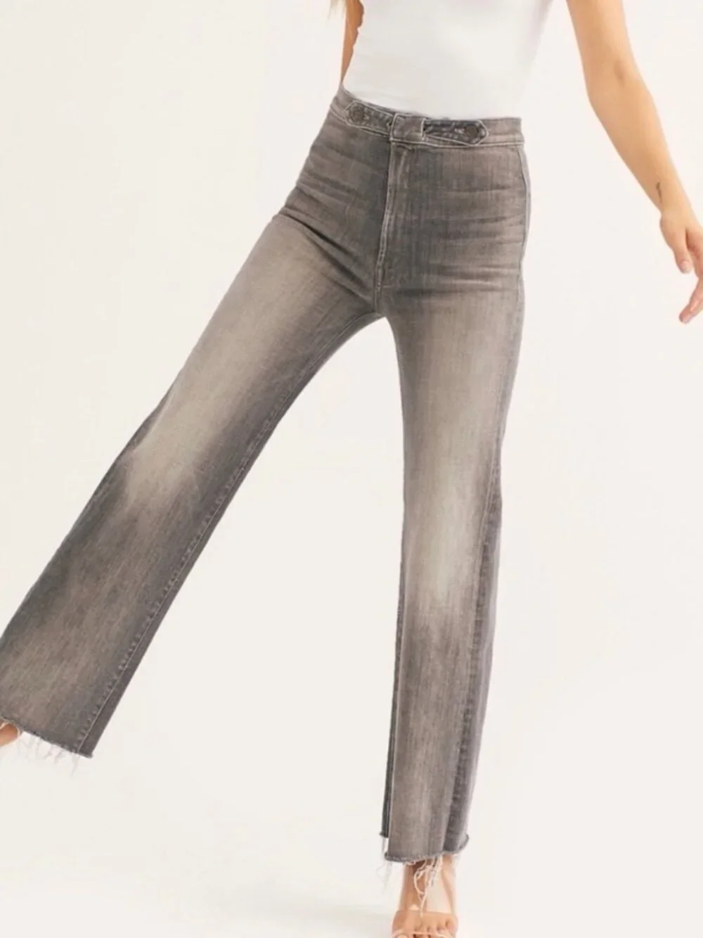 MOTHER The Loop Fray Jeans Beam Me Up Gray High Waist Raw Hem Womens Size 25